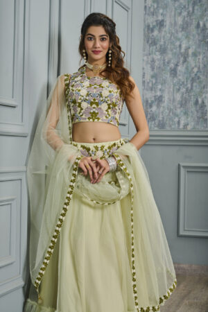 Pista Green Net Heavy Embroidery Lehenga - BUYON