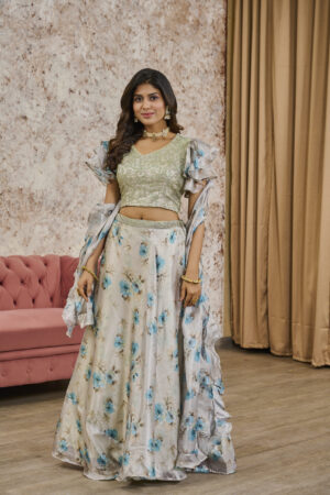 Light Green Tissue Heavy Embroidery Lehenga - BUYON