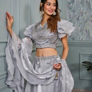 Grey Tissue Heavy Embroidery Lehenga - BUYON