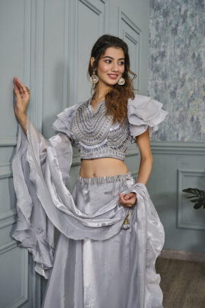 Grey Tissue Heavy Embroidery Lehenga - BUYON