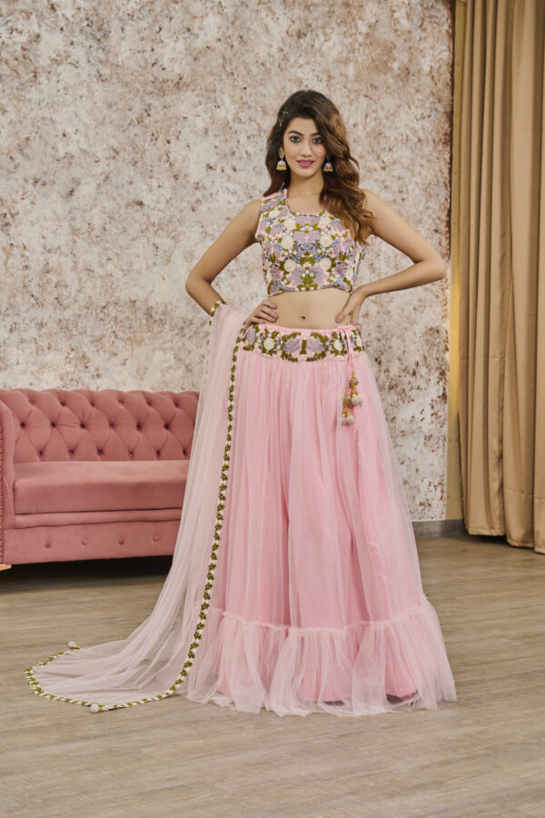 Pink Net Heavy Embroidery Lehenga - BUYON