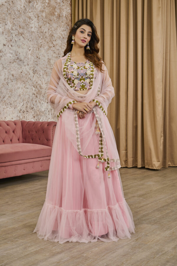 Pink Net Heavy Embroidery Lehenga - BUYON