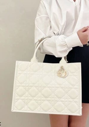 Dior Cannage Quilted Book Tote Bag Medium (White)