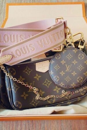 Lady’s Louis Vuitton Sling Pochette Bag with Pink Belt