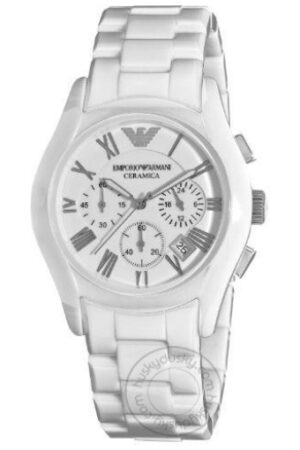 Classy Emporio Armani Ceramica Chronograph White Dial Silver Figure Men's Watch