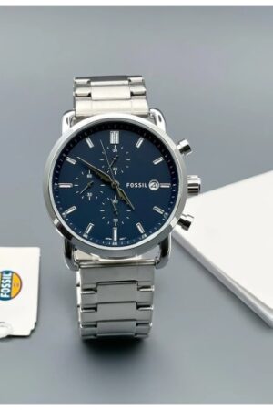 Fossil Silver Stainless Steel Strap Watch For Mens FS-S-BLUE Design Blue Dial For Man Best Gift Date Watch