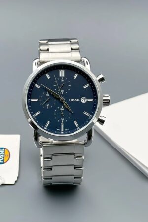 Fossil Silver Stainless Steel Strap Watch For Mens FS-S-BLUE Design Blue Dial For Man Best Gift Date Watch