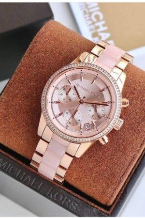 Michael Kors Rose Gold Multicolour Strap Tone Stainless Steel Chronograph Women's Watch For Girl Or Woman MK-6307 Best Gift Watch