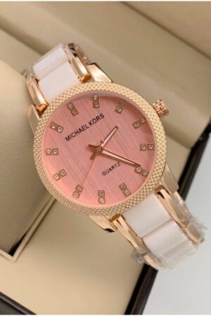 Michael Kors White Gold Strap Gold Tone Case Stainless Steel Analog Pink Dial Watch Women's Watch For Girl Or Woman Best Gift Watch-MK-8017