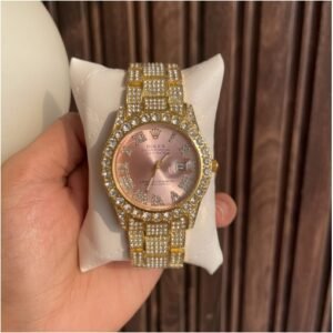 Rolex Analog Diamond Set Golden Strap Pink Dial Watch Royal Stainless Steel RLX-8085