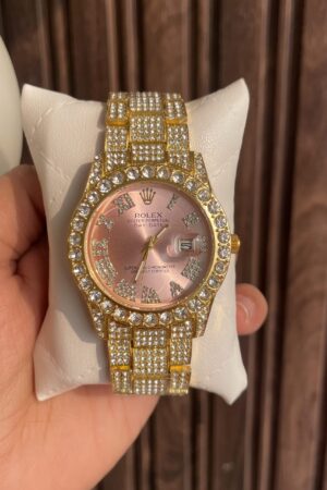 Rolex Analog Diamond Set Golden Strap Pink Dial Watch Royal Stainless Steel RLX-8085