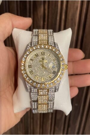 Rolex Analog Diamond Set Silver And Golden Strap Watch Golden Dial Royal Stainless Steel RLX-8086