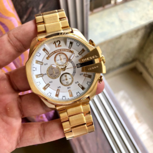 Stylish Diesel Mega Chief Chronograph Full Gold White Dial Men's Watch For Man DZ-4342 Gift