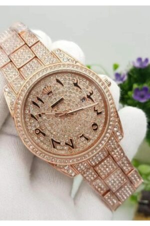 Trendy Rolex Diamond Set - Stainless Steel Watch With Arabic Rosegold Dial Watch For Men's And Women's -Best For Stylist Look- Rlx-Arabic-Rosegold