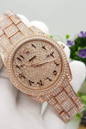 Trendy Rolex Diamond Set - Stainless Steel Watch With Arabic Rosegold Dial Watch For Men's And Women's -Best For Stylist Look- Rlx-Arabic-Rosegold