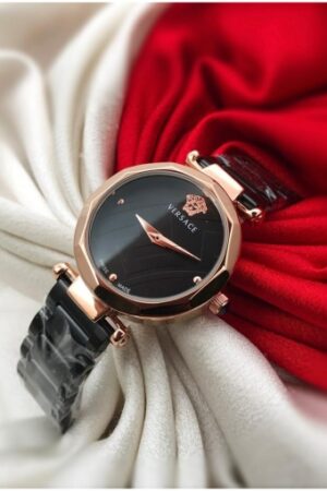 Versace Black Strap New Stylish Branded Women's Watch For Women And Girls Black Dial Rose Gold case Ver-831